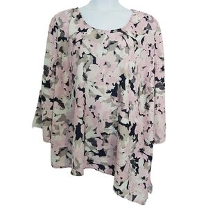 Catherines Pink Floral Art-To-Wear Asymmetrical Hi-Lo Hem Georgette Blouse